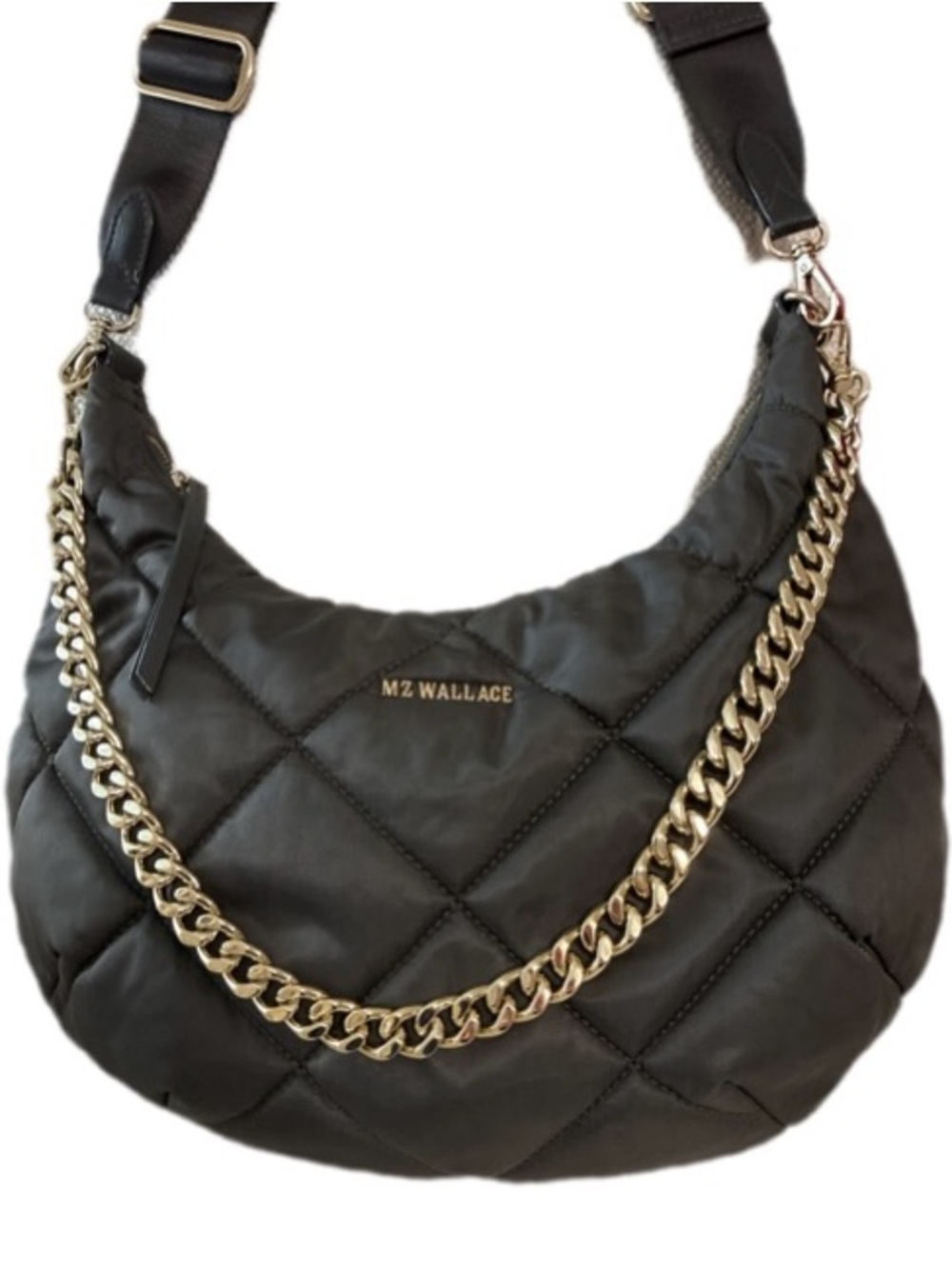 MZ Wallace NWOT Quilted & Leather Grey Hobo Bag with Gold Chain adj Crossbody
